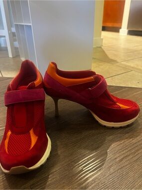 Red, Orange, Pink Suede Mesh Heeled Sneakers. Limited Edition